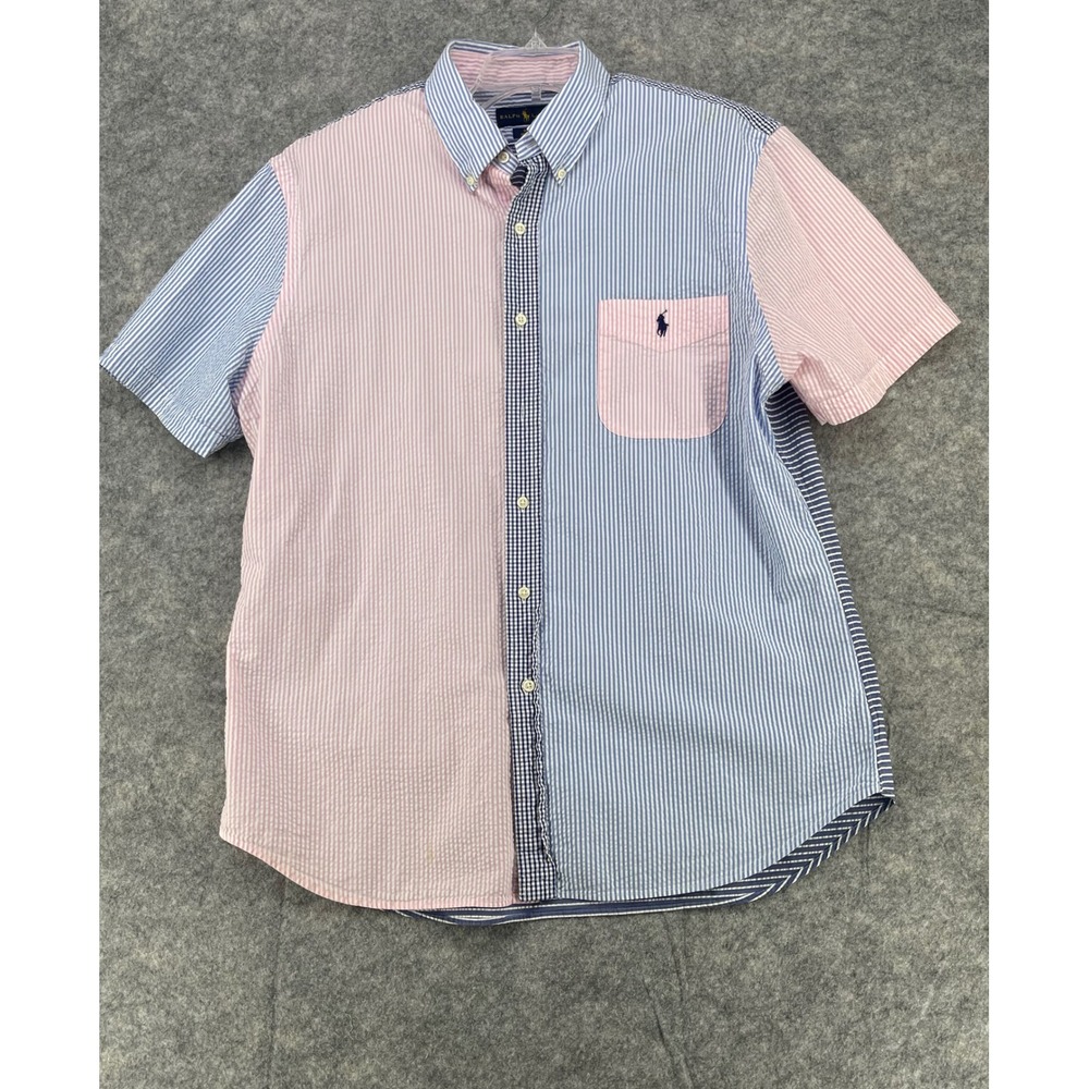 Polo Ralph Lauren Seersucker Shirt Men XXL Blue Colorblock Striped Slim Fit S/S